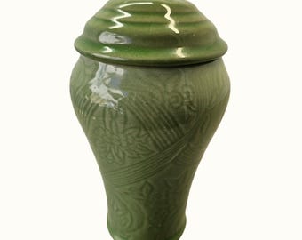 70s Max Factor Khara Fantasy Milk Bath Ceramic Jar – Olive Green Vanity Collectible