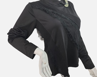Top asimmetrico nero con perline Icinoo, taglia M, stile coreano Y2K, con pizzo e maniche lunghe.