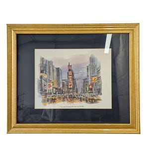 Alice T Mostoff 70s Times Square Broadway NYC Lithograph Print Gold Frame