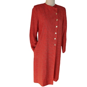 Evan Picone Red 80s Coat Dress Size 10 Asymmetrical Button Up Red Plaid