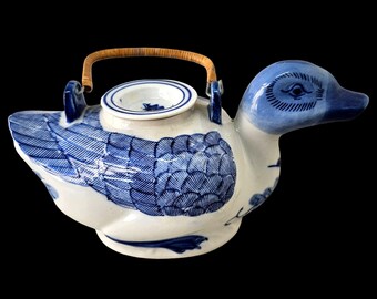 Ceramic Duck Tea Pot Blue and White Chinoiserie Style Hand Painted