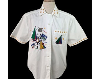 Camisa blanca vintage de los 90 de Karen Scott, de algodón de alta calidad, con bordados náuticos, talla M para mujer.
