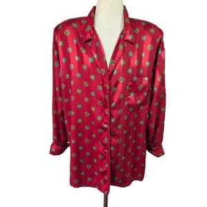 Vintage Christian Dior Satin Loungewear Shirt: 80s Red Geometric Top