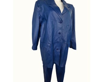 Vintage Venezia Vitale Womens Leather Pant Suit 28T Plus Royal Blue 4 Btn Jacket