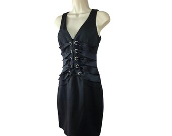 Chetta B Y2K Black Silk Corset Style Mini Dress Sz 4 Rhinestone Bodice Grommets