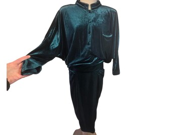Ensemble haut en velours bleu sarcelle scintillant amusant Shun et jupe crayon des années 80 et 90