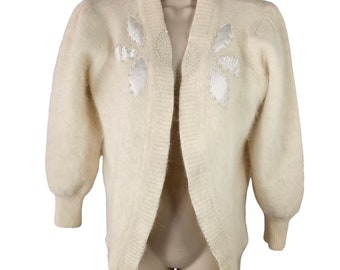 Beaded Sweater White Angora Cardigan Sweater Vintage Wedding White