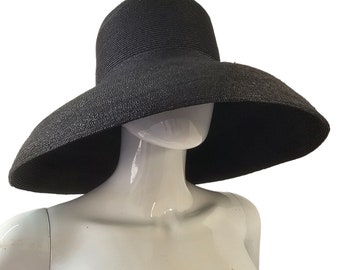 80s Charles Jourdan Black Straw Sun Hat by Kokin Wide Brim Womens Church Hat OS