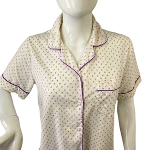 60s Damea Sleep Shirt White Purple Ditsy Floral Short Sleeve Button Up Womens 34