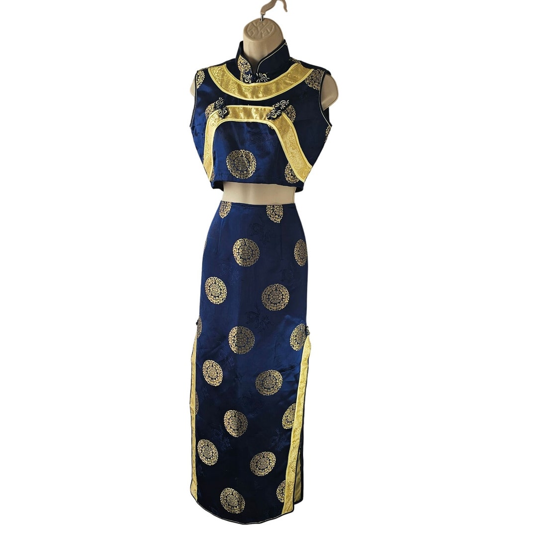 Kevin T Chinese Silk Qipao Top + Long Skirt Set S/M Thigh High Slits ...