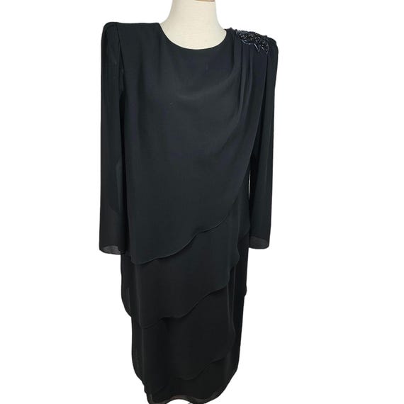 80s Black Beaded Bird Cocktail Dress - Tiered Shift, Sheer Sleeves