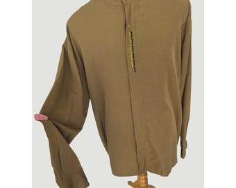 Y2K Tipo's Button Shirt Band Collar Mens XL Embroidered Rayon Blend Mustard Brown