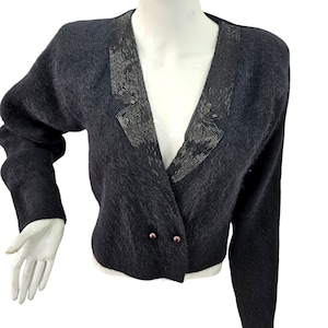 90s LB Diffusion Beaded Evening Cardigan Black Lambswool Angora Knit Womens L