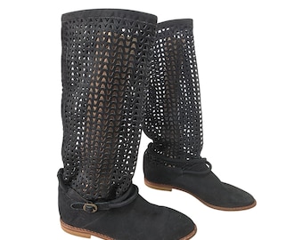 Vintage 90s Nickels Italy Suede Lazer Cut Tall Boots 6B Boho Festival Flat