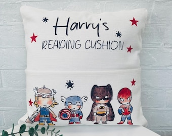 Personalised Book Cushion, Super Hero Book Cushion, Boys Super Hero Cushion, Super Hero Gift, Gift For Boys Bedroom, Book Cushion