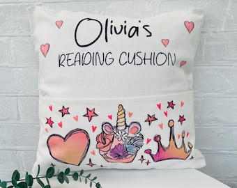 Personalised Book Cushion, unicorn Book Cushion, Girls Book Cushion, Bedroom Gift for Girls, Gift For Girls Bedroom, Princess Book Cushion