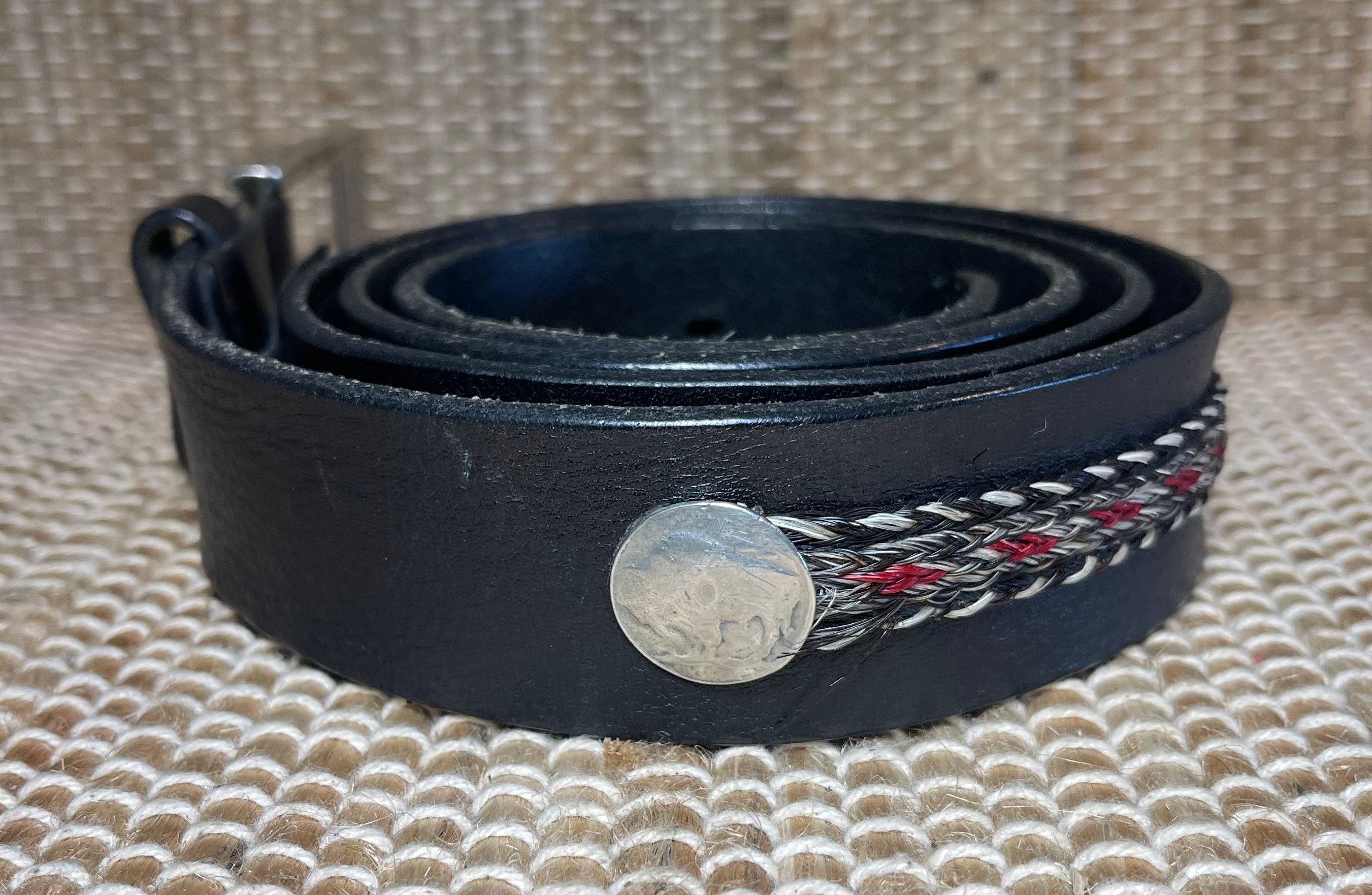 Vintage Trafalgar Black Leather Belt With Buffalo Nickels  display picture 2