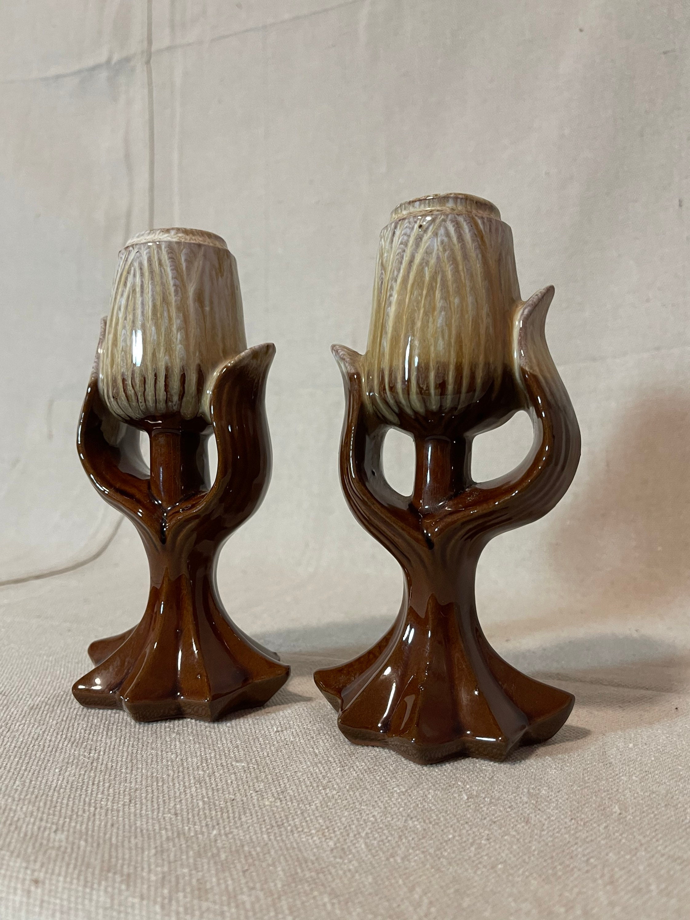 Vintage Brown & Tan Ceramic Candlestick Holders/Unique Home Etsy