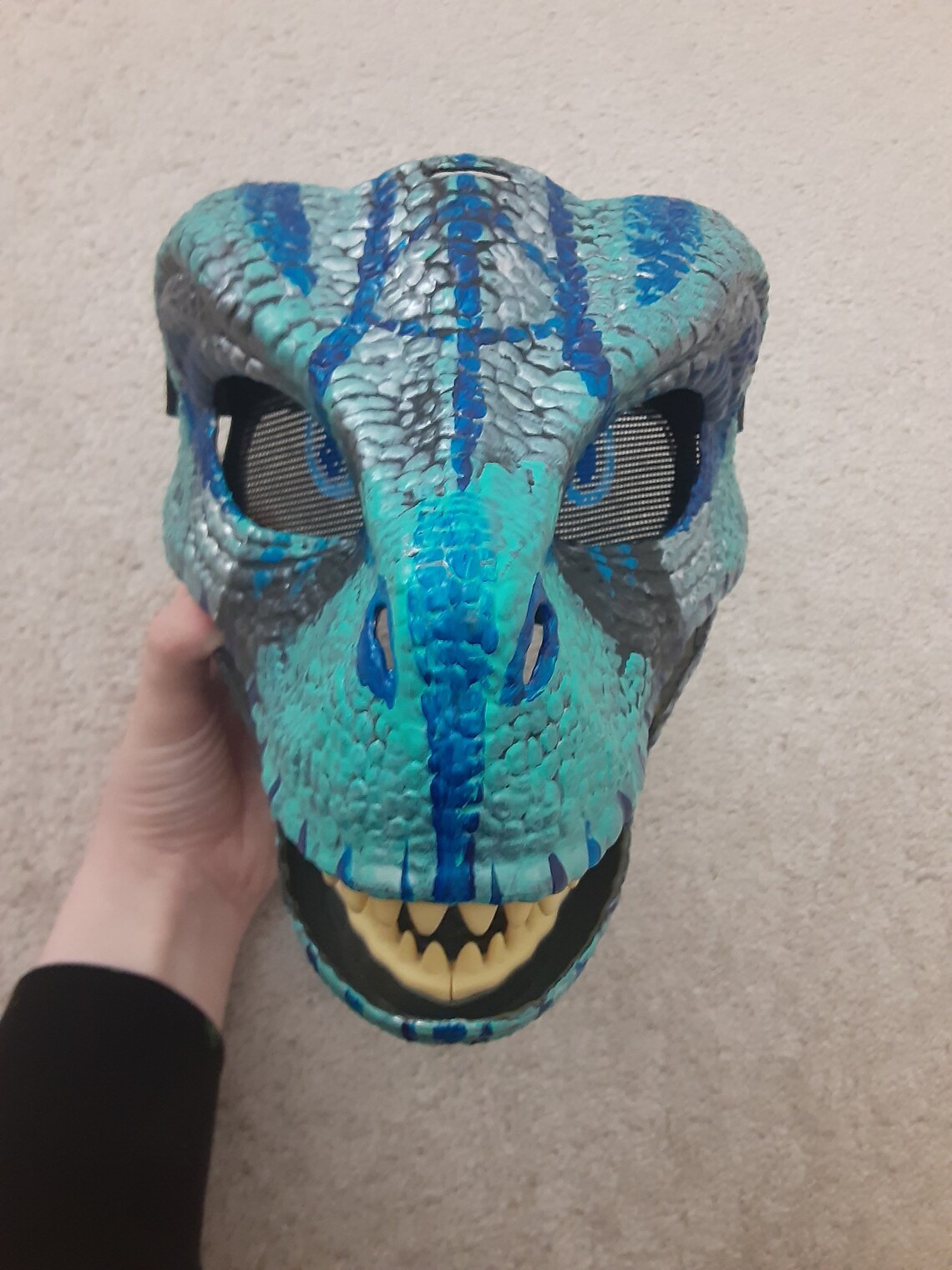 Dino Mask Jurassic Mask Velociraptor Hand Painted Mask Aqua Etsy