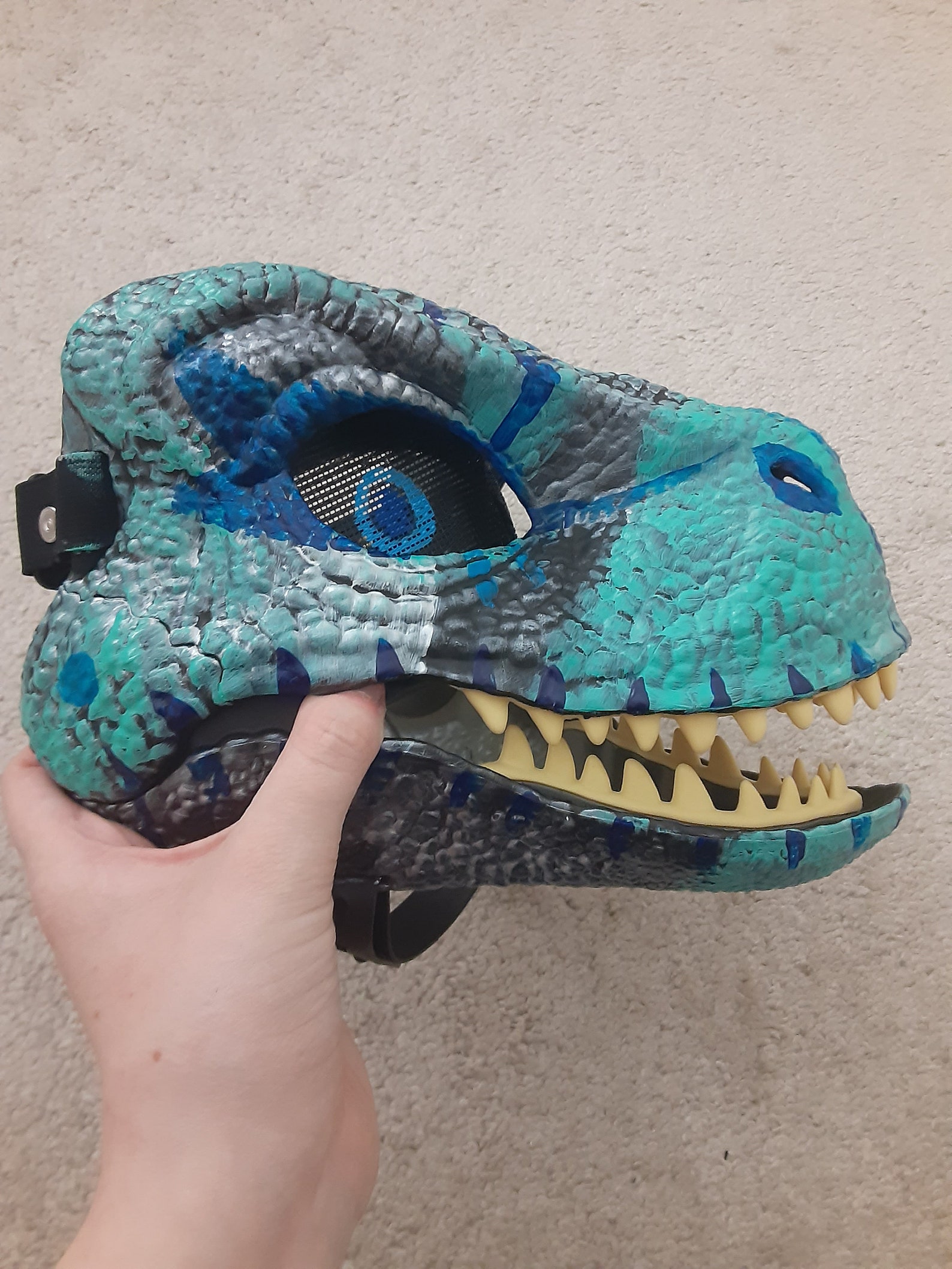 dino-mask-jurassic-mask-velociraptor-hand-painted-mask-aqua-etsy