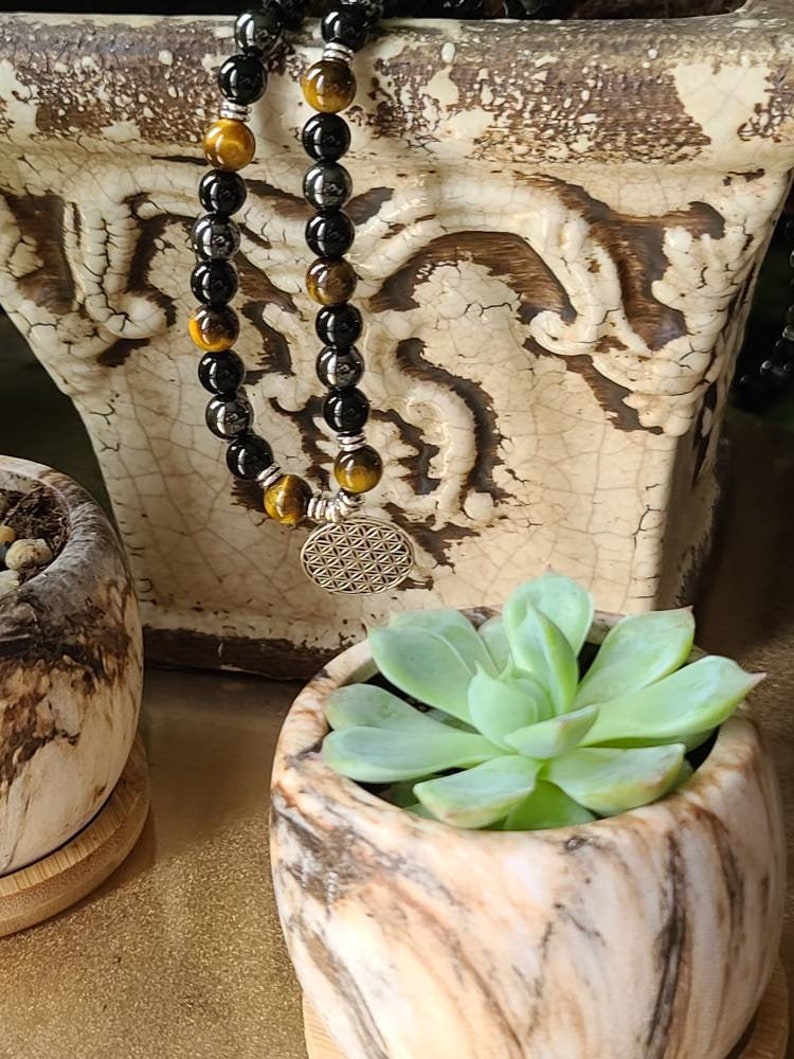 Black Onyx 108 Mala with Tigers Eye Gemstones for Meditation on Stretch Cord