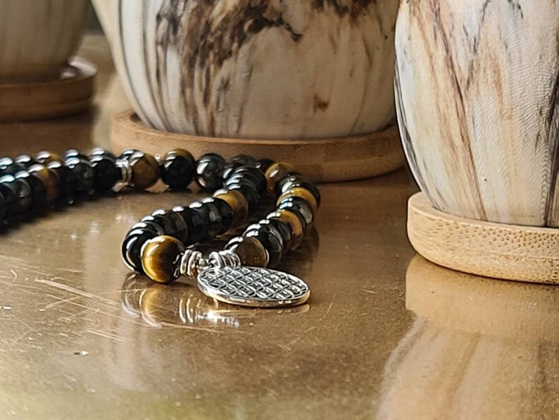 Black Onyx 108 Mala with Tigers Eye Gemstones for Meditation on Stretch Cord