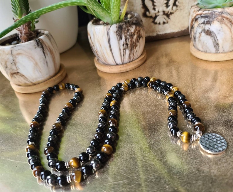 Black Onyx 108 Mala with Tigers Eye Gemstones for Meditation on Stretch Cord