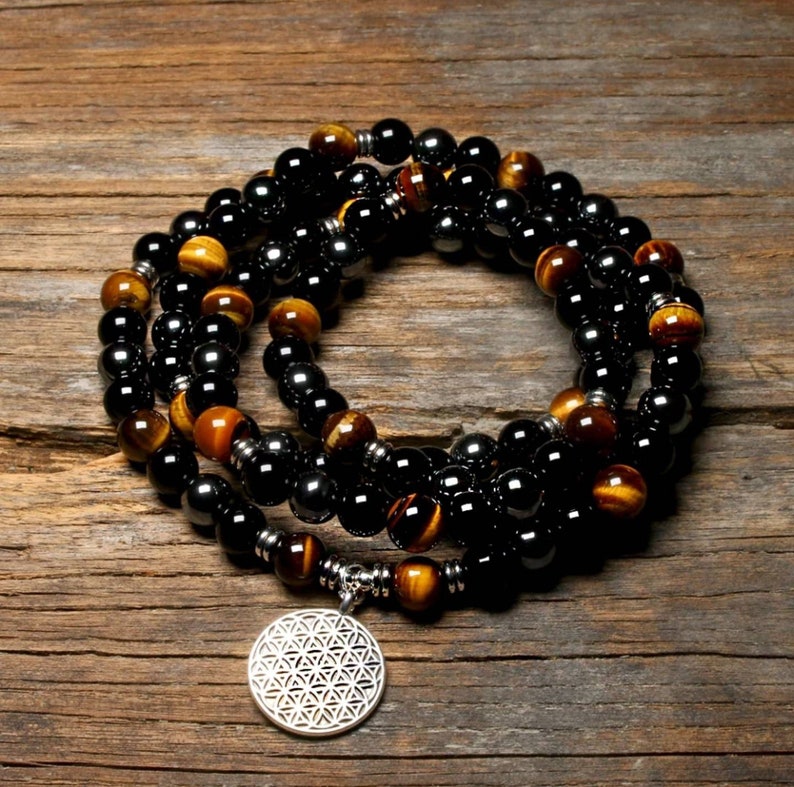 Black Onyx 108 Mala with Tigers Eye Gemstones for Meditation on Stretch Cord