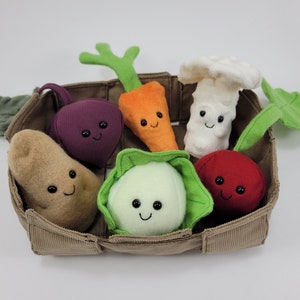 Crate of Happy Garden Vegetables, plush toys, Beet, Carrot, Potato, Radish, Mushroom, Cabbage