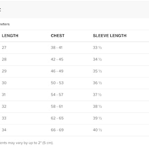 May include: Size chart for clothing with measurements in inches and centimeters. The chart shows sizes from S to 5XL with corresponding length, chest, and sleeve length measurements.