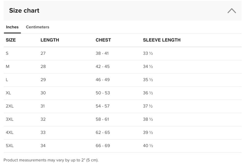 May include: Size chart for clothing with measurements in inches and centimeters. The chart shows sizes from S to 5XL with corresponding length, chest, and sleeve length measurements.