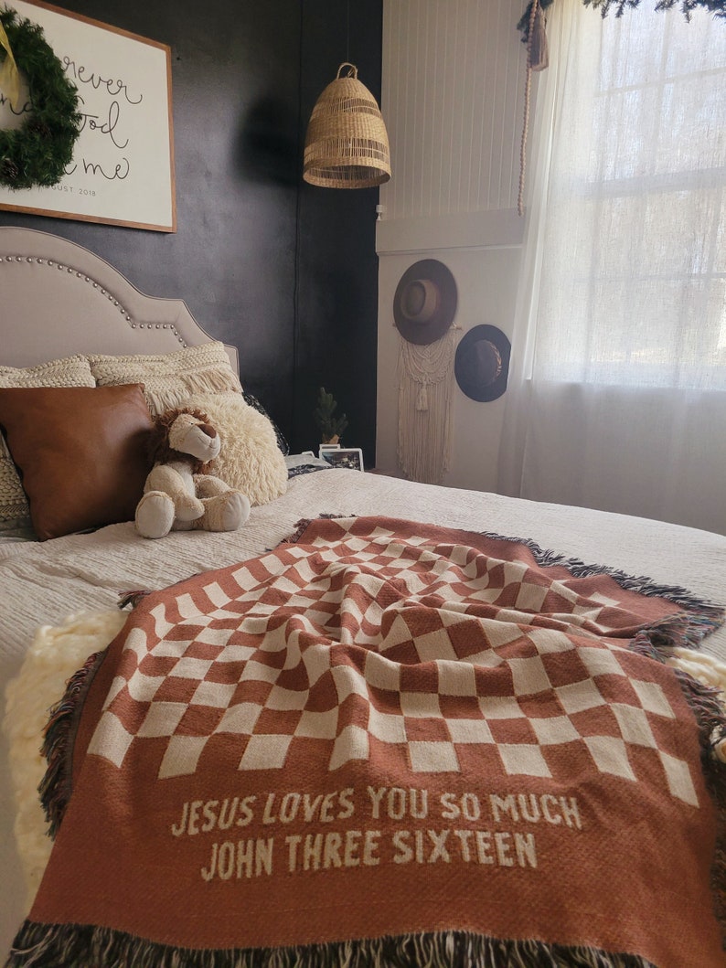 Jesus Loves You Woven Blanket, Christian Woven Blanket, John 3:16, Jesus Blanket, Trendy Blanket, Checkerboard, Christian Home Decor 60"x80"