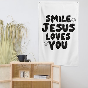 Smile Jesus Loves You Flag, Quote Banner, Christian Flag, Faith Wall Hanging, Christian Tapestry, Christian Home Decor, Christian Banner