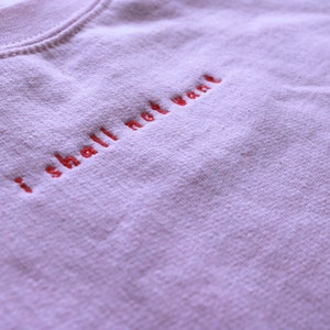 May include: A light pink sweatshirt with the phrase "I shall not want" embroidered in red thread.