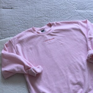 May include: A pink sweatshirt with the text "I shall not want" embroidered in red on the front.