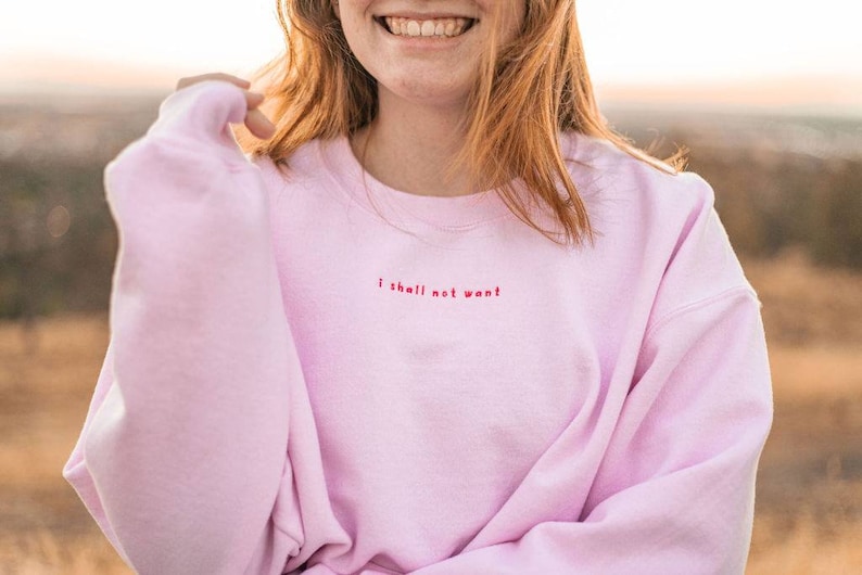 May include: A pink sweatshirt with the text "I shall not want" embroidered in red on the front.