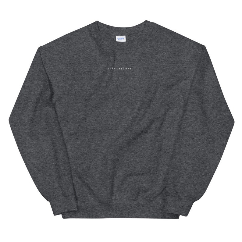May include: A dark gray sweatshirt with the text "I shall not want" printed in white on the front.