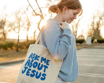 Bolsa de tela "Pregúntame sobre Jesús": bolsa cristiana de algodón orgánico