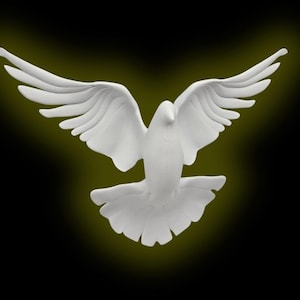 May include: A white dove sculpture with outstretched wings, set against a black background with a yellow glow. The bird is depicted in a graceful, symmetrical pose, suggesting peace and serenity. The sculpture's details are finely rendered.
