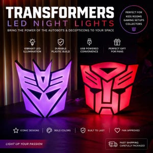 May include: LED night lights featuring the Transformers logo in purple and red. The lights are USB powered and made of durable plastic. The text on the image says "Bring the power of the Autobots & Decepticons to your space."
