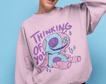Camisa estética gótica pastel com capuz Kawaii, moletom Voodoo Doll E girl, moletom grande com gola redonda, Vaporwave, moletom com capuz feminino