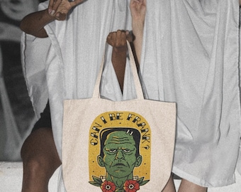 Can I be frank? frankenstein tote bag, funny tote bag, trick or treat