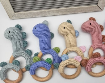 dinosaur rattle, baby gift, new baby gift, dino baby, gender neutral gift, baby boy gift, crochet rattle, personalized gift for baby, dinos