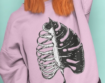 Monstera Plant, Plant Mom, Gothic Clothing, Aesthethic clothes, Pastel Goth, Rib Cage Sweatshirt, Skull shirt, Sleteon Pastel,