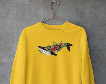 Minimalist Flower Whale Sweatshirt |  Aesthetic Crew Neck Sweatshirt | Yellow sweatshirt crew neck sweatshirt