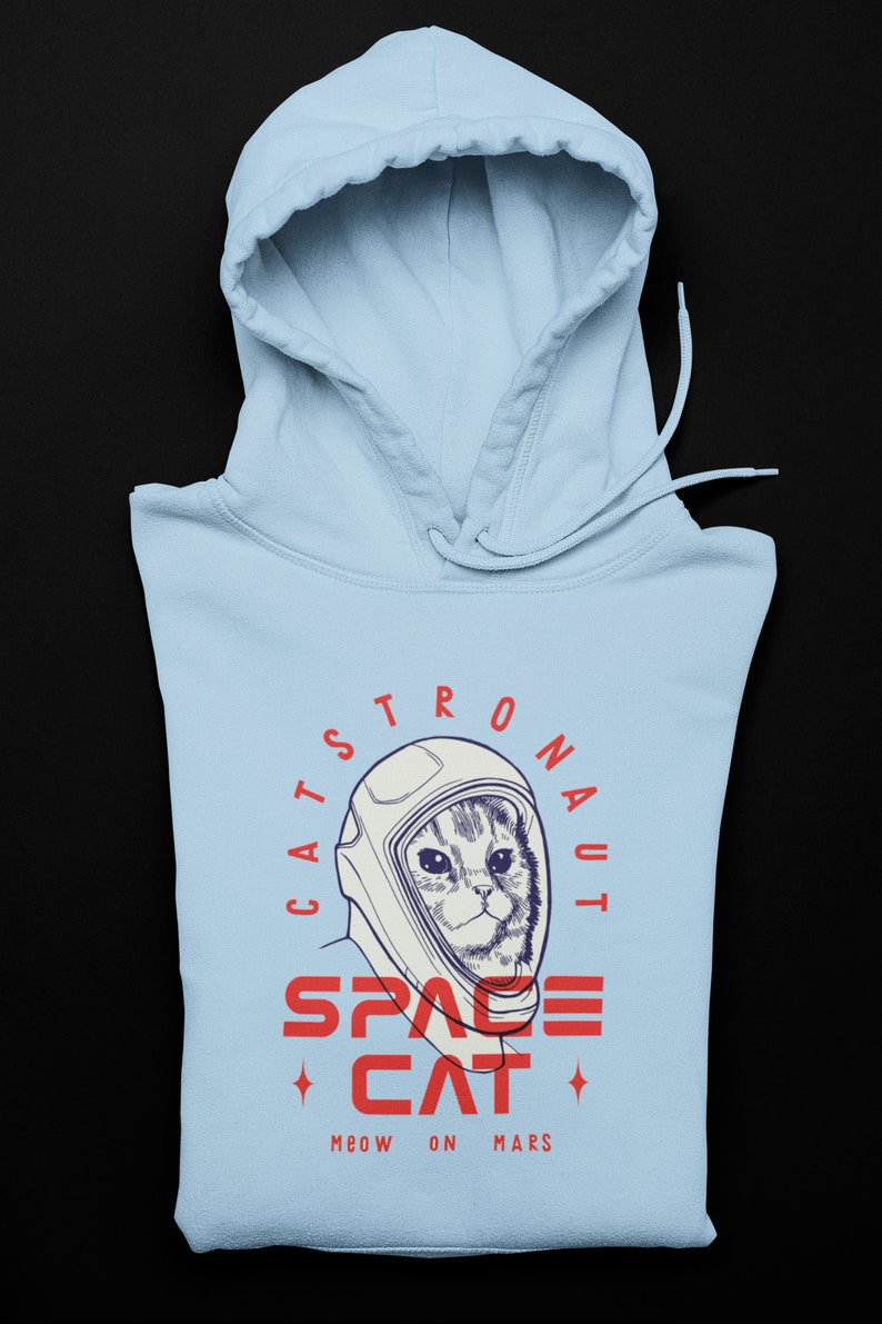 May include: A light blue hoodie with a graphic of a cat wearing an astronaut helmet. The text on the graphic reads "Catstronaut Space Cat Meow On Mars".