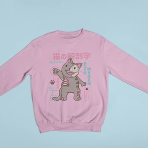 May include: A pink sweatshirt featuring a cartoon cat illustration. The cat is grey and has a skeleton inside. The text on the sweatshirt reads "猫の解剖学", which translates to "Cat Anatomy".