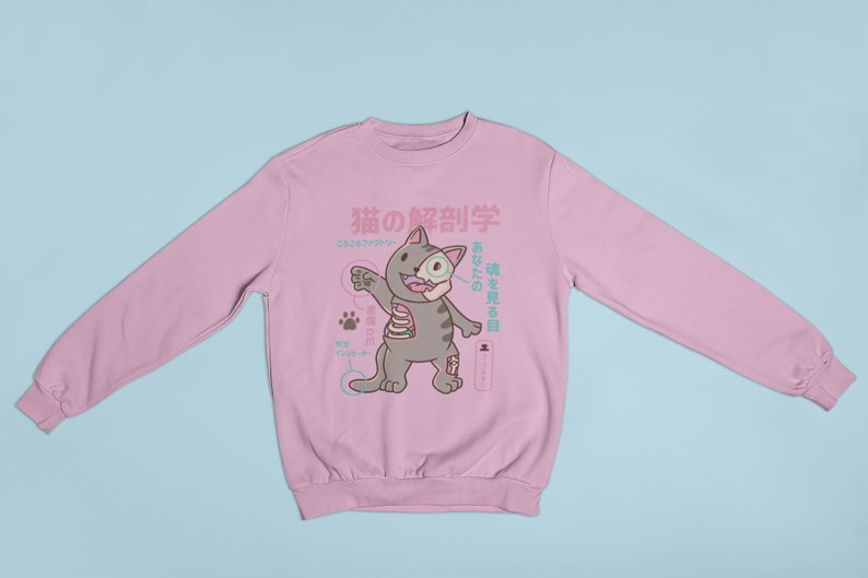 May include: A pink sweatshirt featuring a cartoon cat illustration. The cat is grey and has a skeleton inside. The text on the sweatshirt reads "猫の解剖学", which translates to "Cat Anatomy".