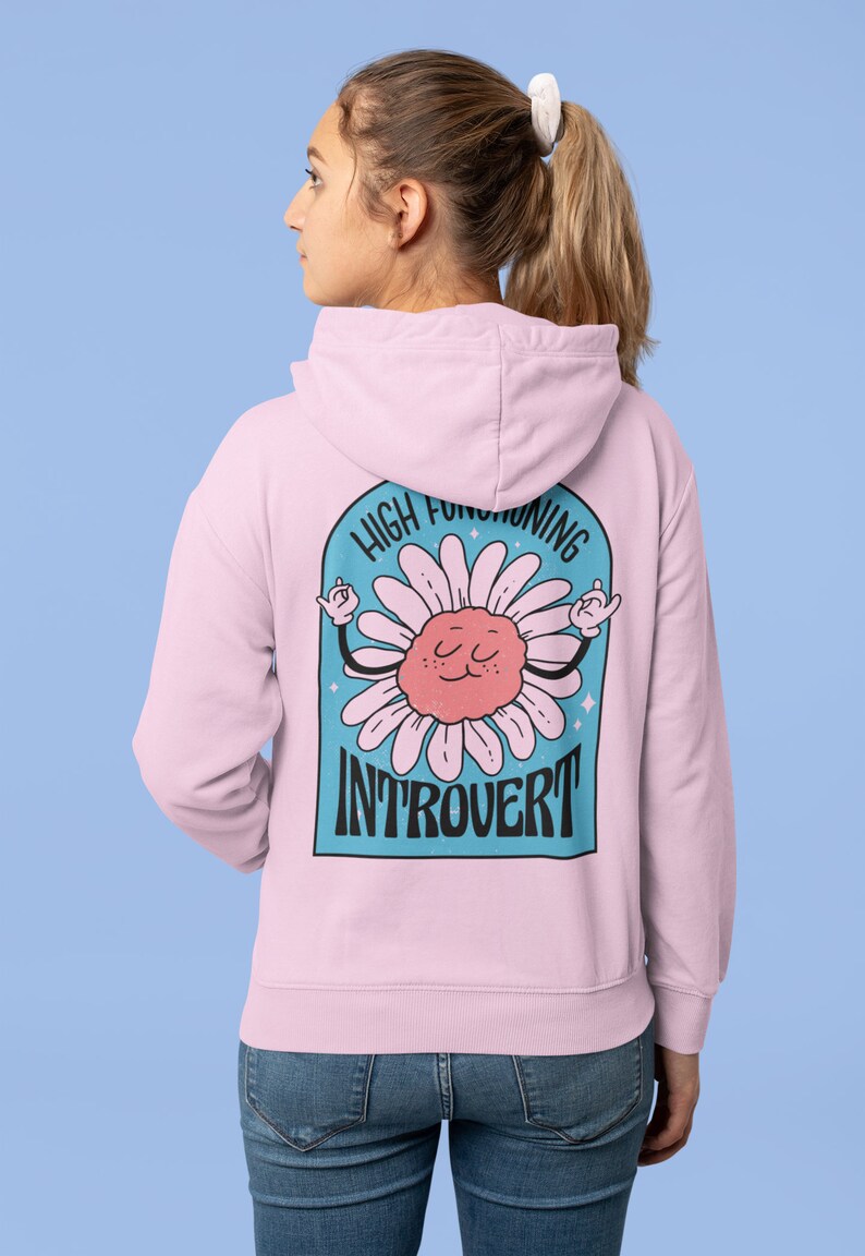 May include: A pink hoodie with a blue and white graphic on the back. The graphic features a cartoon daisy with a face and the text "High Functioning Introvert".