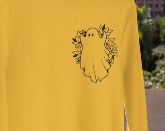 Sudadera de Halloween, Sudadera de mujer, Flores fantasma, suéter de otoño, Sudadera de cuello de tripulación de gran tamaño Sudadera de cuello de tripulación